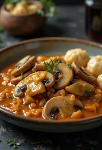 Cogumelos com paprika cremosos servidos com salsa fresca e nokedli
