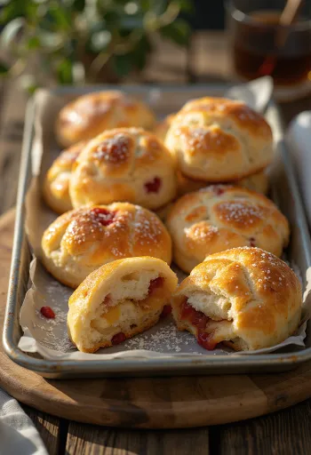 Pãezinhos com doce macios polvilhados com açúcar em pó, servidos numa travessa.