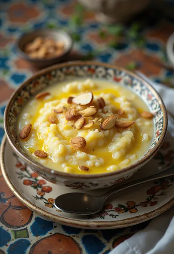 Kheer de amêndoa e açafrão servido em taça, decorado com amêndoas laminadas