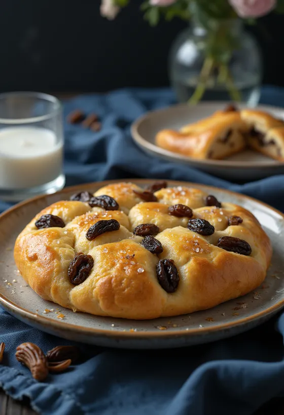 Focaccia de passas e baunilha servida