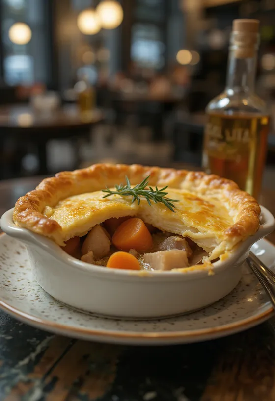 Tarte de coelho com legumes de raiz servida com salada fresca.