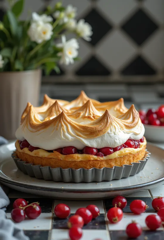 Tarte de merengue e groselha servida
