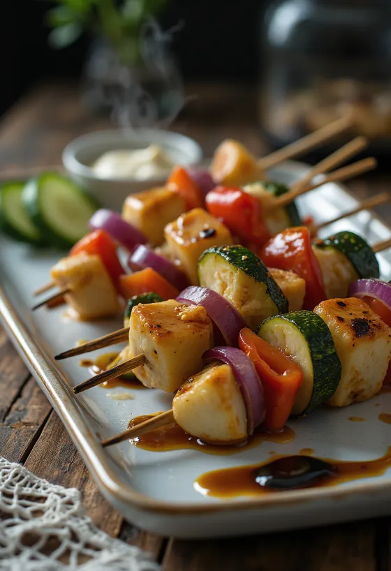 Satay de legumes, legumes grelhados em espetos, com legumes frescos