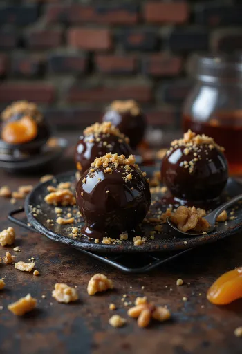 Bolas de Gerbeaud mergulhadas em chocolate e decoradas com noz