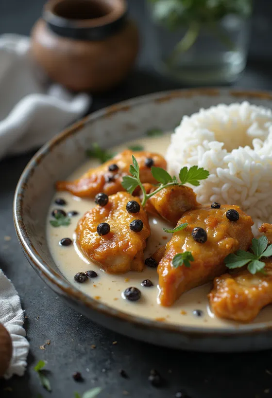 Frango Adobo de coco, rico e cremoso em leite de coco com especiarias