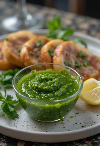 Molho chimichurri servido com carnes grelhadas