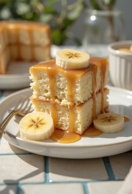 Bolo de banana e caramelo servido