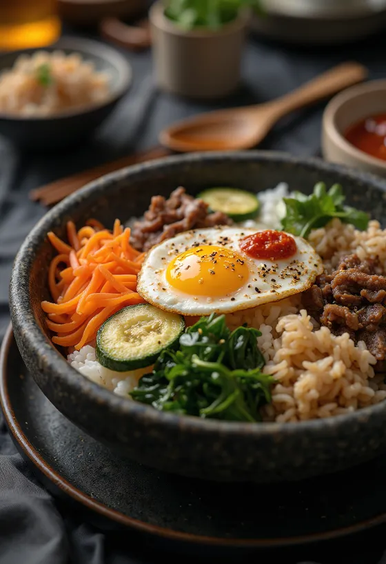 Tigela de Bibimbap colorido com ovo, carne e vegetais