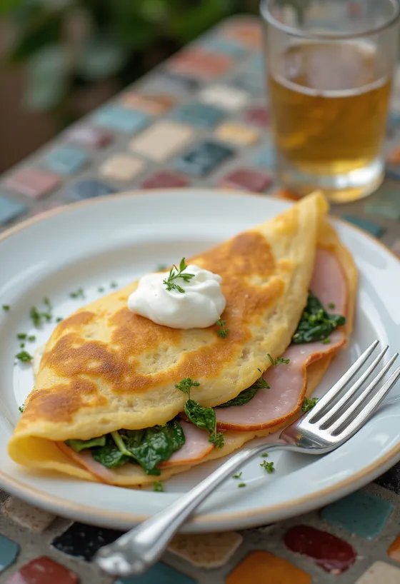 Crepe salgado francês acabado de fazer recheado com fiambre e queijo