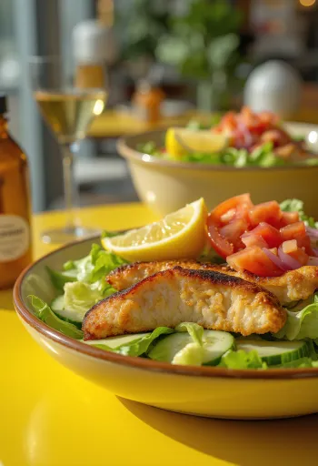 Salada de frango fresca com legumes crocantes e peito de frango grelhado, com molho balsâmico.