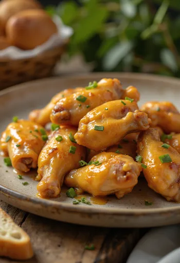Asas de frango com molho de mel e mostarda servidas