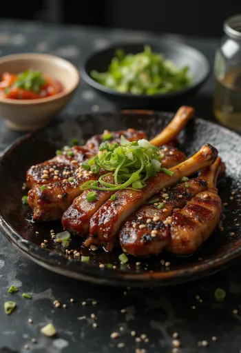 LA Galbi, entrecosto de vaca assado com sésamo, decorado com lima e cebolinho