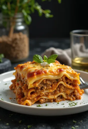 Lasanha italiana em camadas com carne picada suculenta com tomate e bechamel cremoso