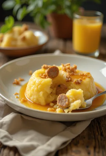 Pamonha com linguiça, pacote de milho com recheio de linguiça frita, servido em folha de bananeira