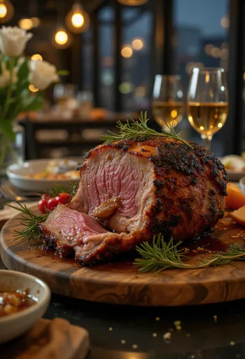 Javali assado com cobertura de mel servido com legumes assados.