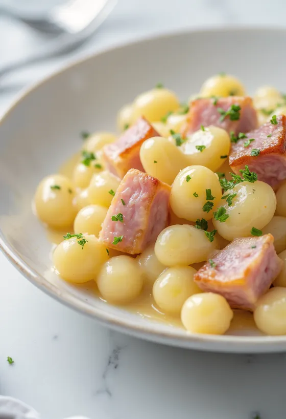 Gnocchi de fiambre e natas servido
