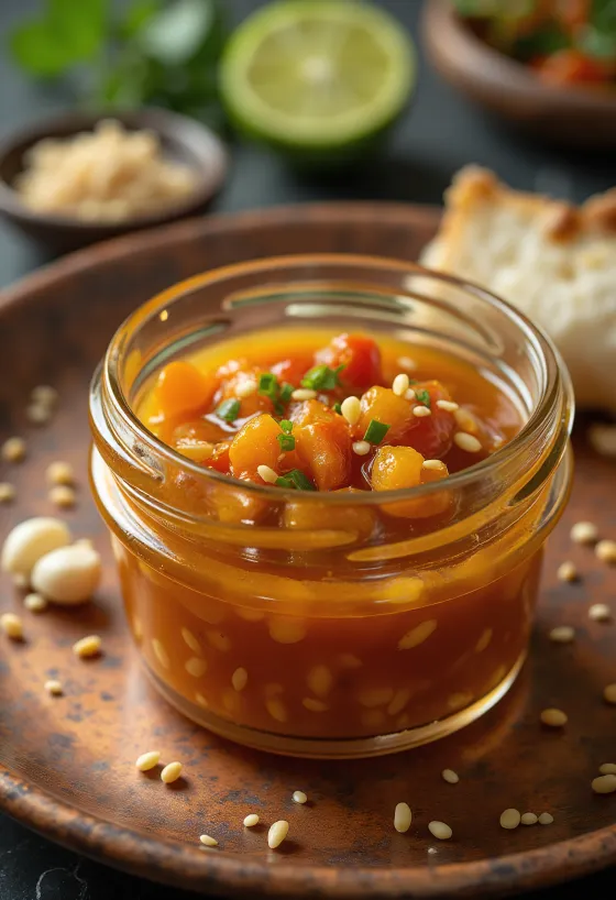 Molho de chili e lima com sésamo e pedaços de pimenta