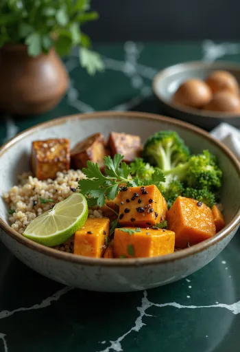 Buddha bowl nutritiva com tofu grelhado, quinoa, batata doce e abacate.