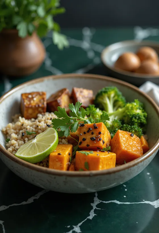Buddha bowl nutritiva com tofu grelhado, quinoa, batata doce e abacate.