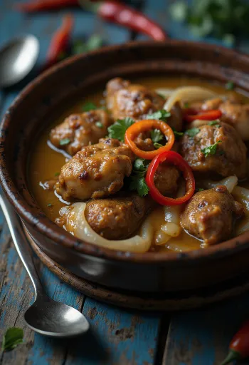 Adobo com leite de coco, prato rico e picante servido com arroz e coentros