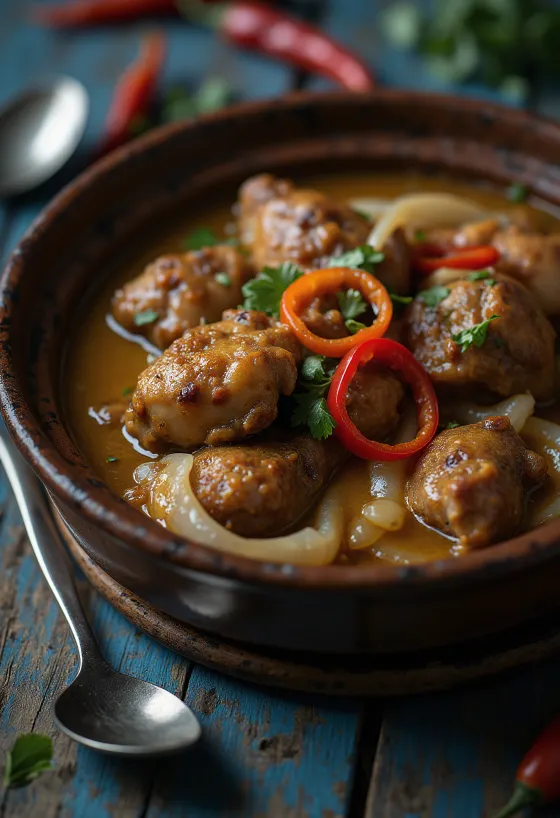 Adobo com leite de coco, prato rico e picante servido com arroz e coentros