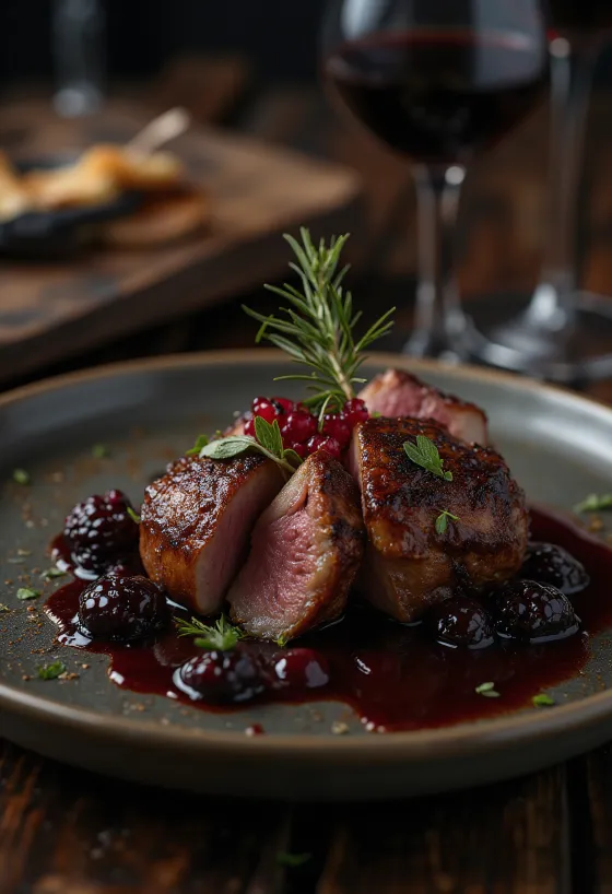 Medalhões de antílope com molho de vinho tinto servidos com legumes