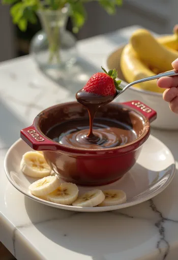 Fondue de chocolate quente servido com frutas e pedaços de pão de ló.