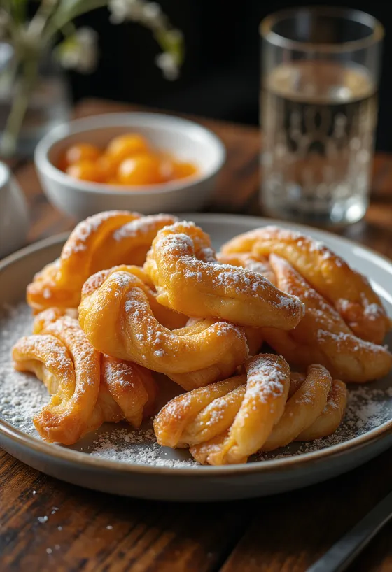 Coscorões polvilhados com açúcar em pó, servidos com compota