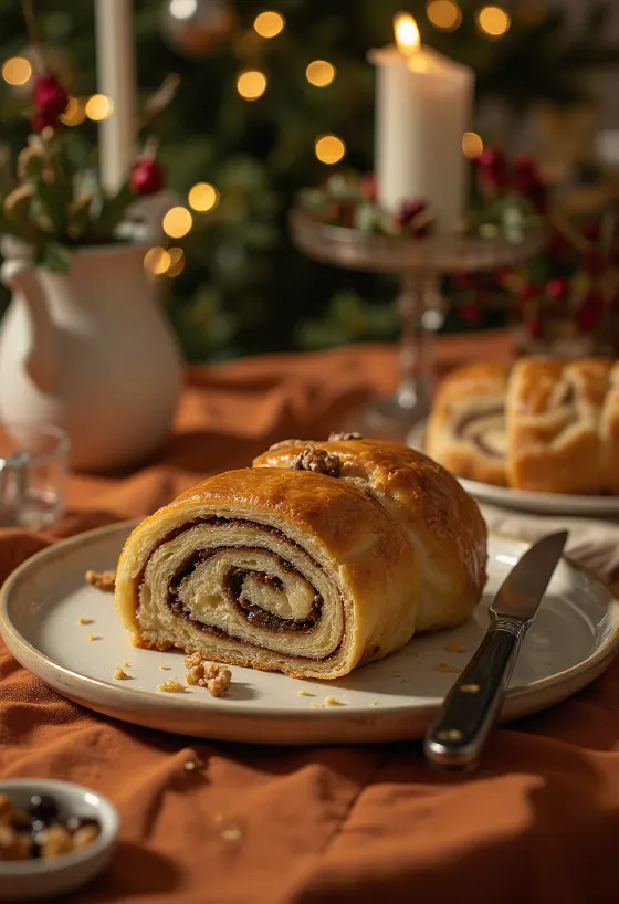 Fatias de rolo de noz recém-assadas.