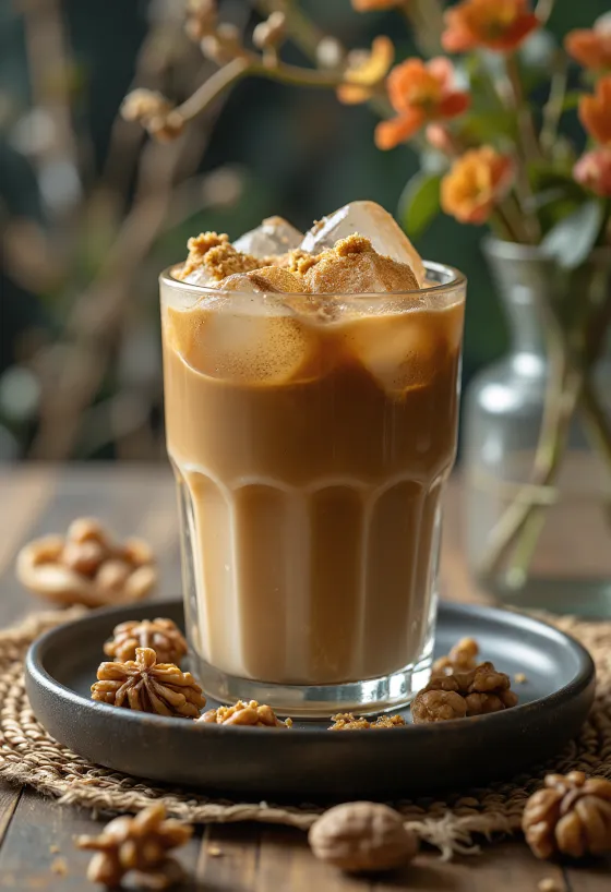 Café gelado com noz cremoso com gelo e chantilly