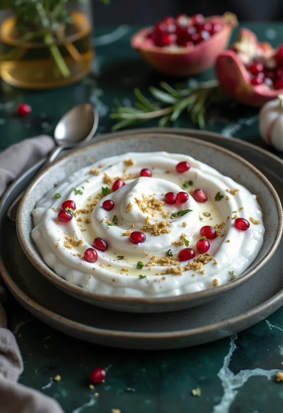 Iogurte probiótico com alho, romã e polvilhado com especiaria za’atar