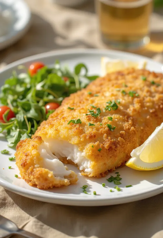 Filete de peixe panado crocante frito dourado, servido com rodelas de limão fresco e legumes.