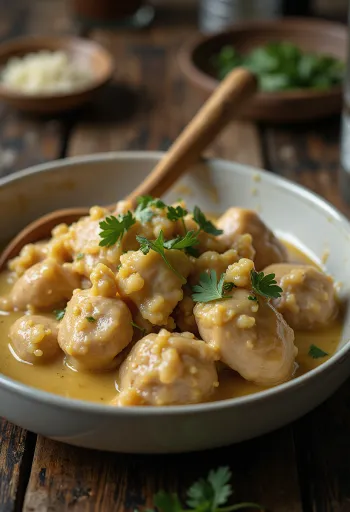 Satsivi servido frio, decorado com nozes e coentros frescos