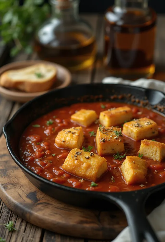 Tofu frito com molho de tomate picante servido