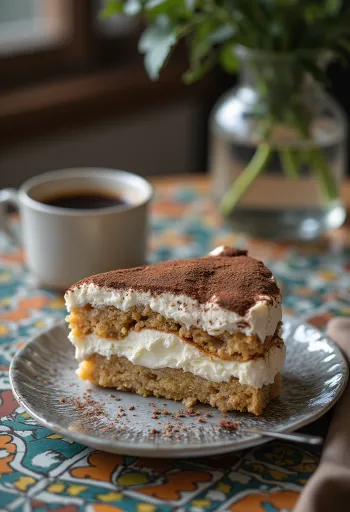 Bolo Tiramisu cremoso com camadas de palitos de la reine embebidos em café e creme de mascarpone, polvilhado com cacau em pó.