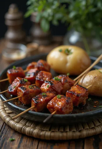 Espetos Anticuchos servidos com legumes grelhados