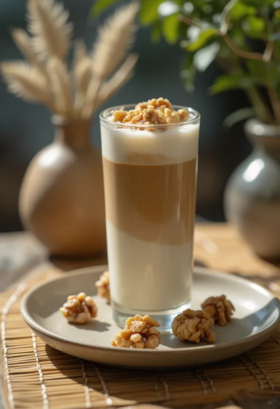 Latte de noz cremoso em chávena com pedaços de noz