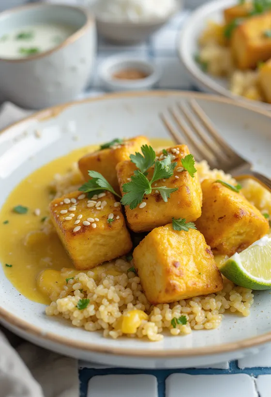 Tofu com Alho e Caril de Quinoa