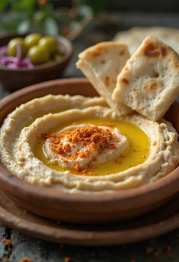 Húmus com textura sedosa, regado com azeite e servido com pão pita