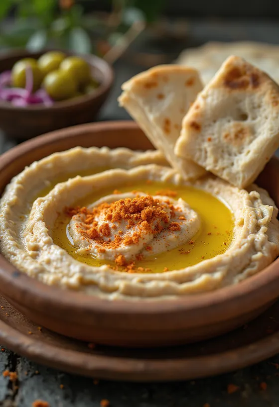 Húmus com textura sedosa, regado com azeite e servido com pão pita