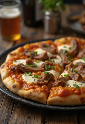 Korean Bulgogi Pizza com carne de vaca e molho gochujang