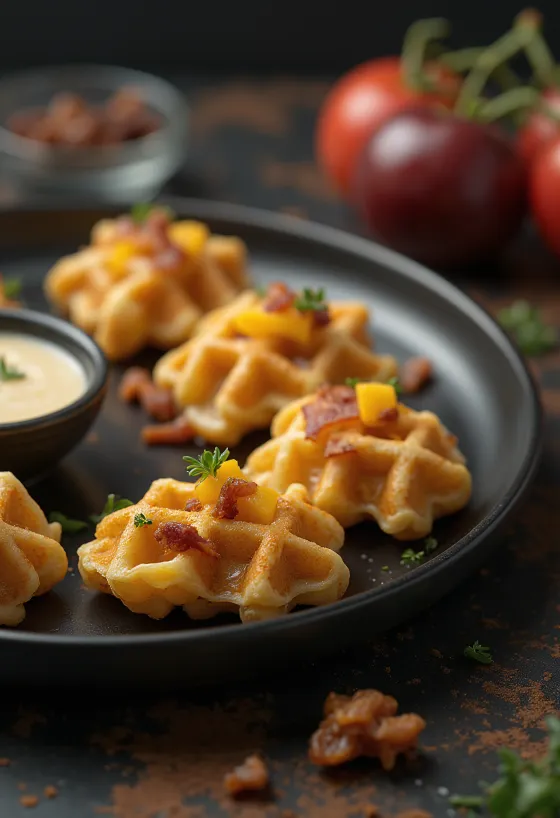 Mini waffles salgadas com queijo cheddar e bacon