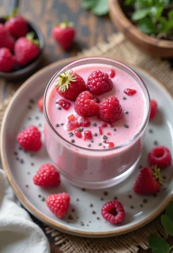 Kefir probiótico de framboesa servido em copo com framboesas frescas no topo