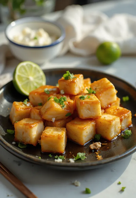Tofu frito com marinada de lima servido