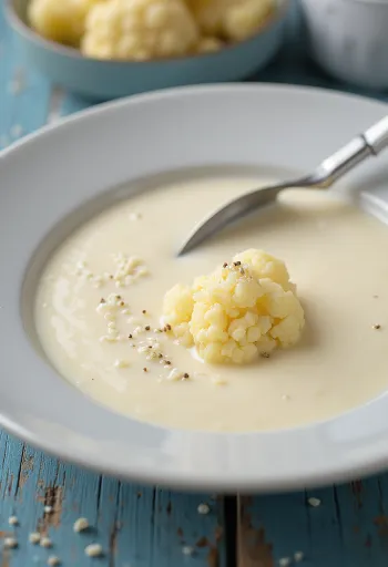 Sopa cremosa de couve-flor com natas servida