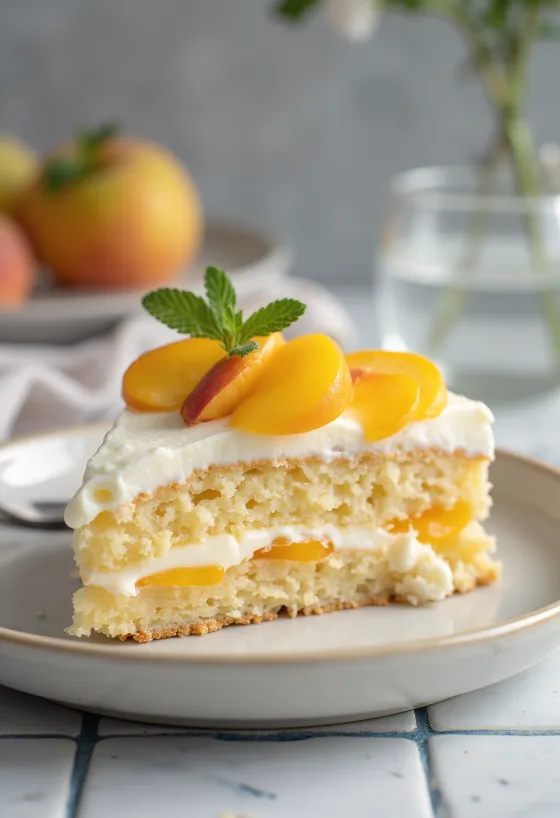 Bolo de pêssego e mascarpone servido