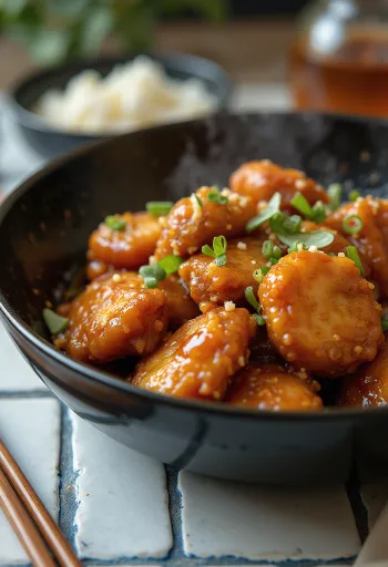Peito de frango com molho de mel e chili, servido com sementes de sésamo e coentros