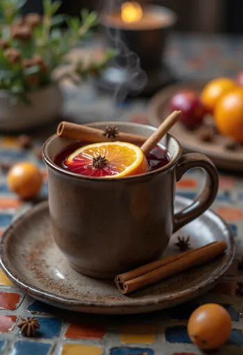 Vinho quente doce servido com fatia de laranja e canela