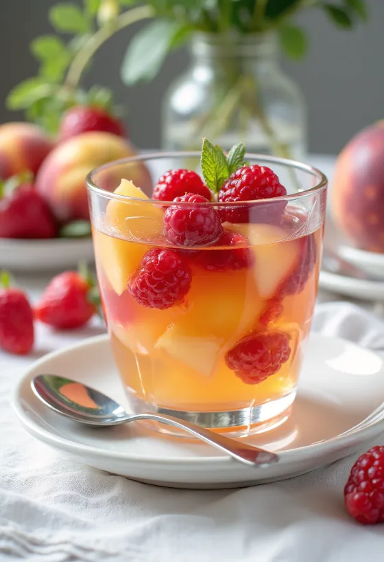Gelatina de frutas colorida com pedaços de fruta fresca em camadas, servida em geleia transparente