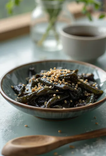 Salada de kombu fresca servida, polvilhada com molho de soja e sementes de sésamo